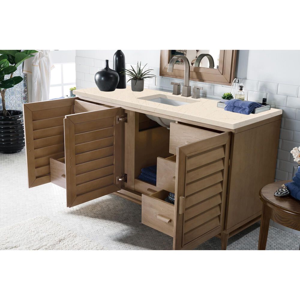 James Martin Vanities Portland 60&quot; Single Bathroom Vanity in Whitewashed Walnut with 3 cm Eternal Marfil Quartz Top and Rectangular Sink, , large