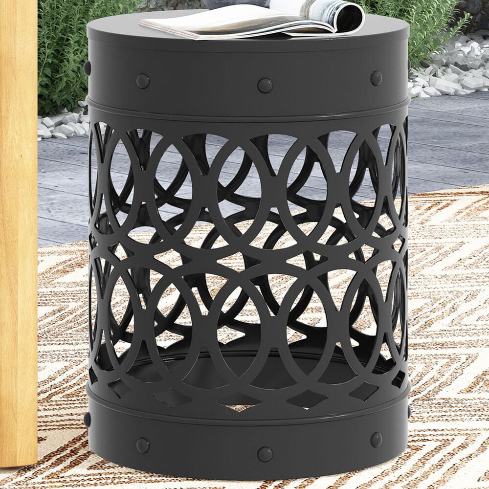 Hearth and Haven Large Cylindrical-Shaped Iron Patio End Table in Black, , large