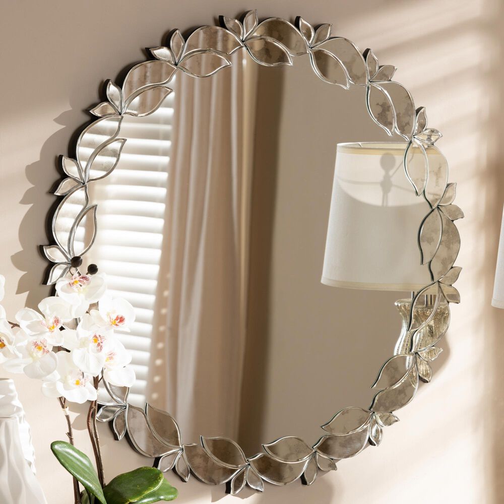 Baxton Studio Luiza Round Petal Leaf Accent Wall Mirror in Antique Silver, , large