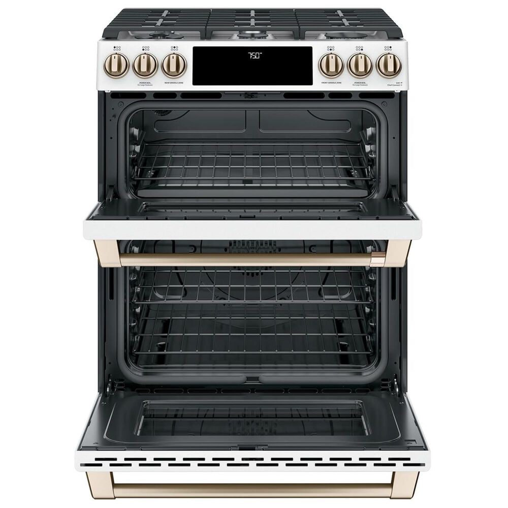 Cafe 30&quot; Slide-In Gas Double Oven with Convection Range in Matte White with Brushed Bronze Handle, , large