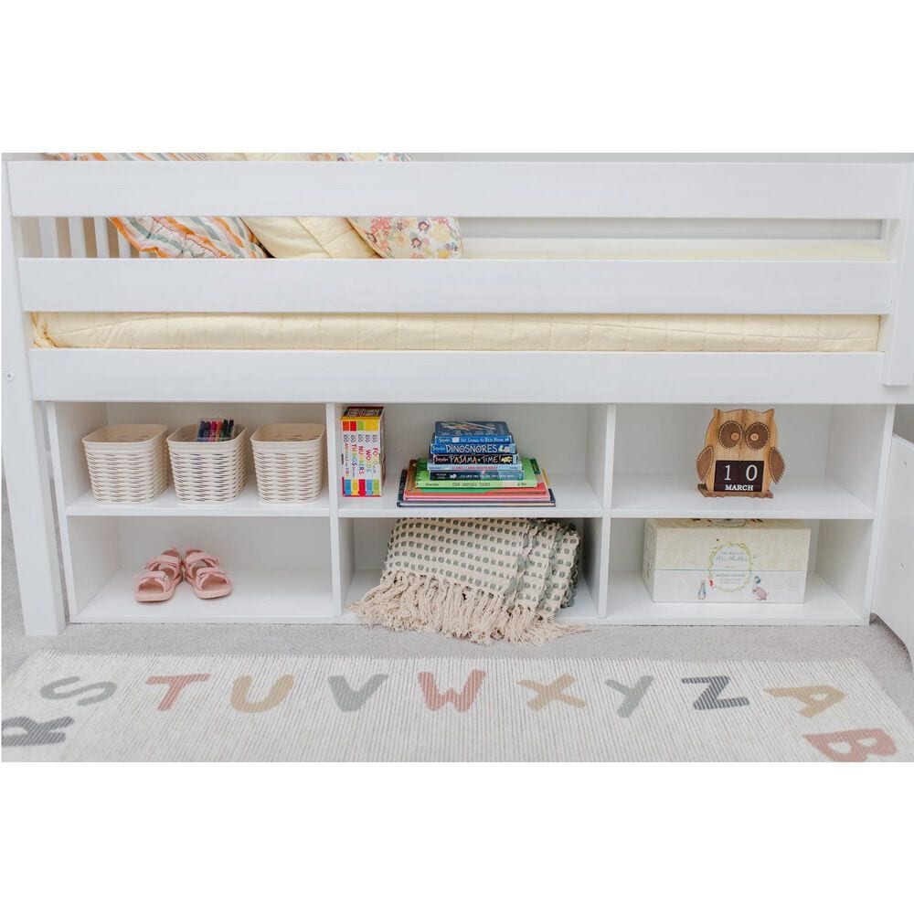 Birch Hollow Scandinavian Low Loft Twin Bed with Bookcase and Stepstool in White, , large