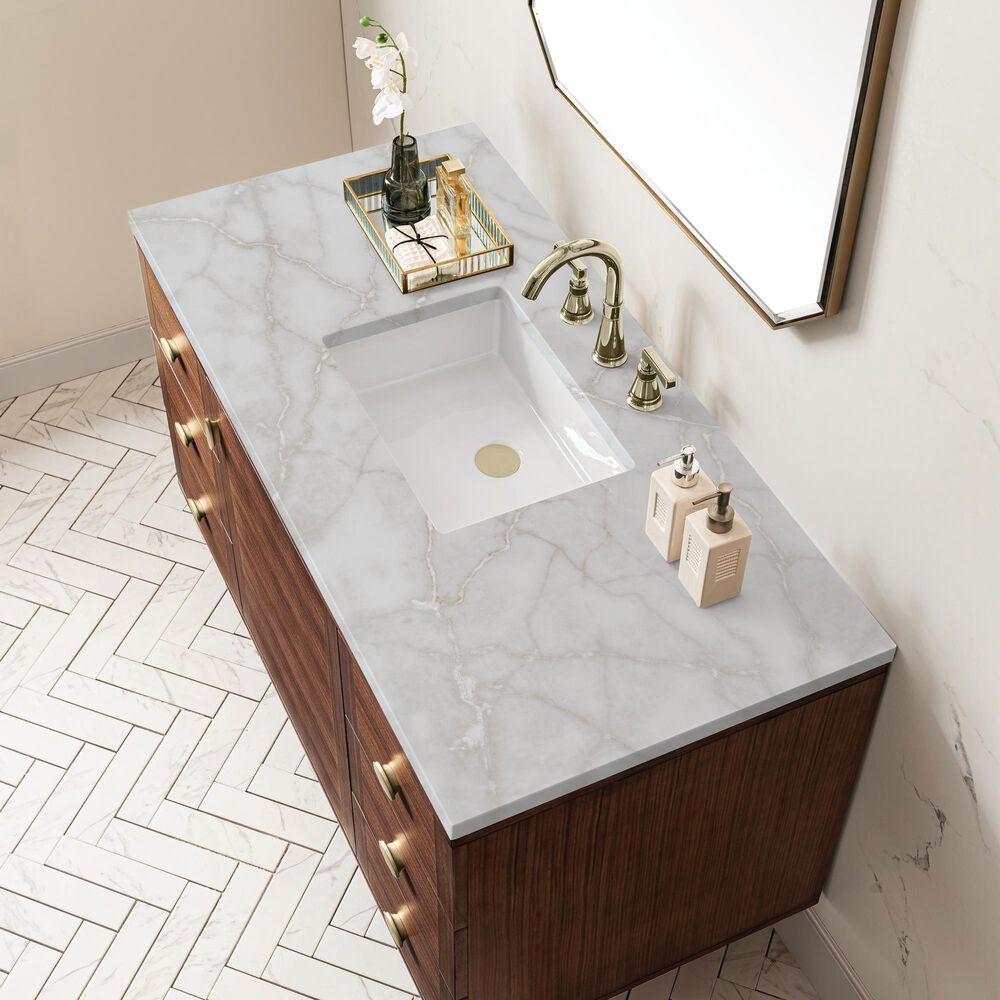 James Martin Vanities Amberly 48&quot; Single Bathroom Vanity in Mid-Century Walnut with 3 cm Victorian Silver Quartz Top and Rectangular Sink, , large