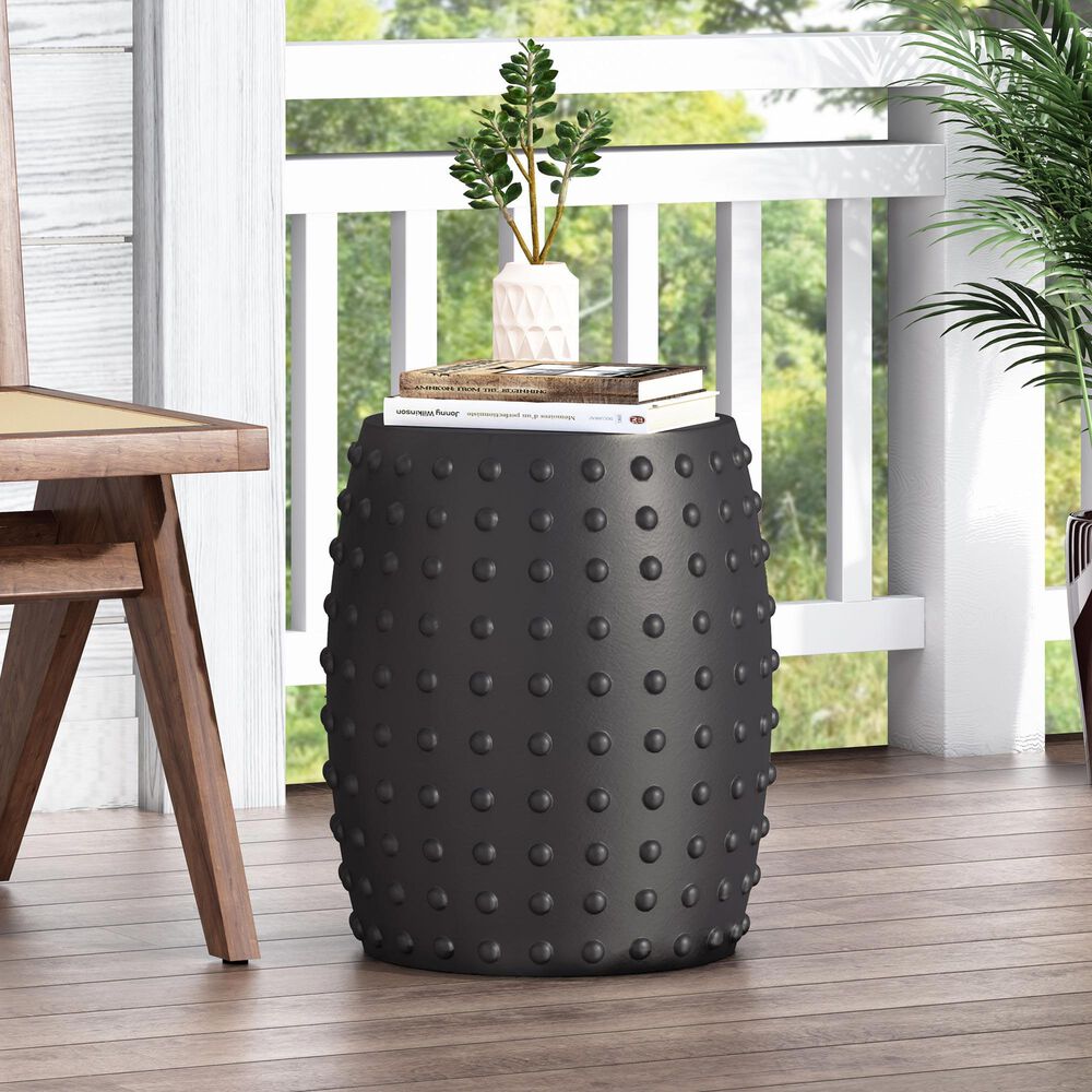 Hearth and Haven Outdoor Barrel Side Table with Studded Texture Design in Matte Black, , large