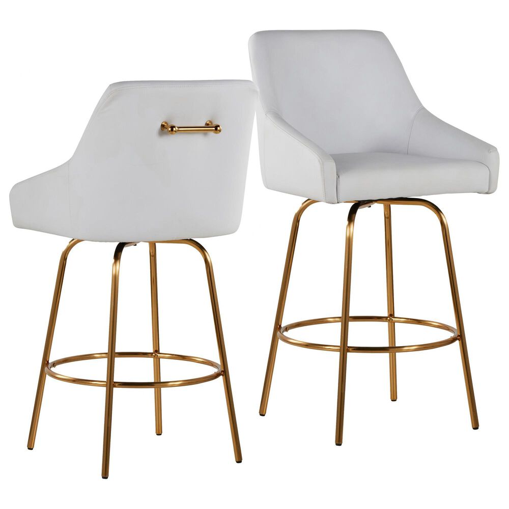 LumiSource Hannah Swivel Counter Stool with White Faux Leather Upholstery in Gold (Set of 2), , large