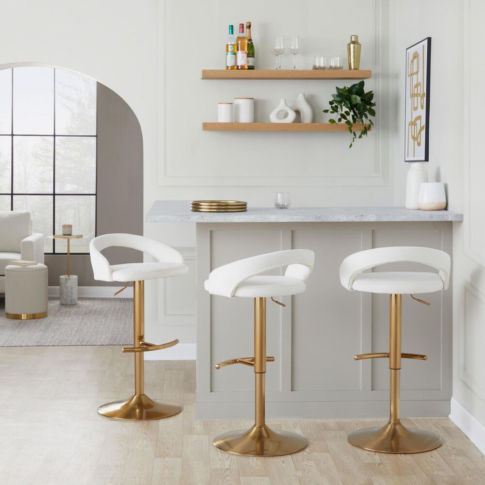 LumiSource Grotto Adjustable Bar Stool with White Velvet Upholstery in Gold (Set of 2), , large