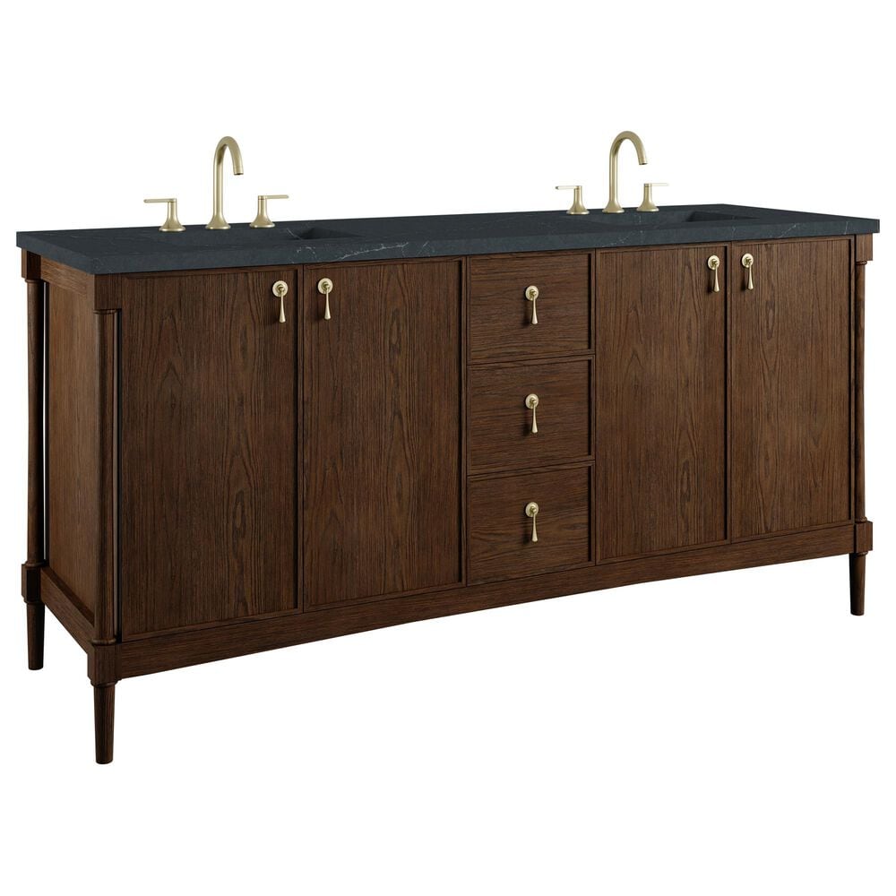 James Martin Kinnsden 72" Double Bathroom Vanity in Sable Oak with 3 cm Charcoal Soapstone Silestone Top and Rectangular Sinks, , large