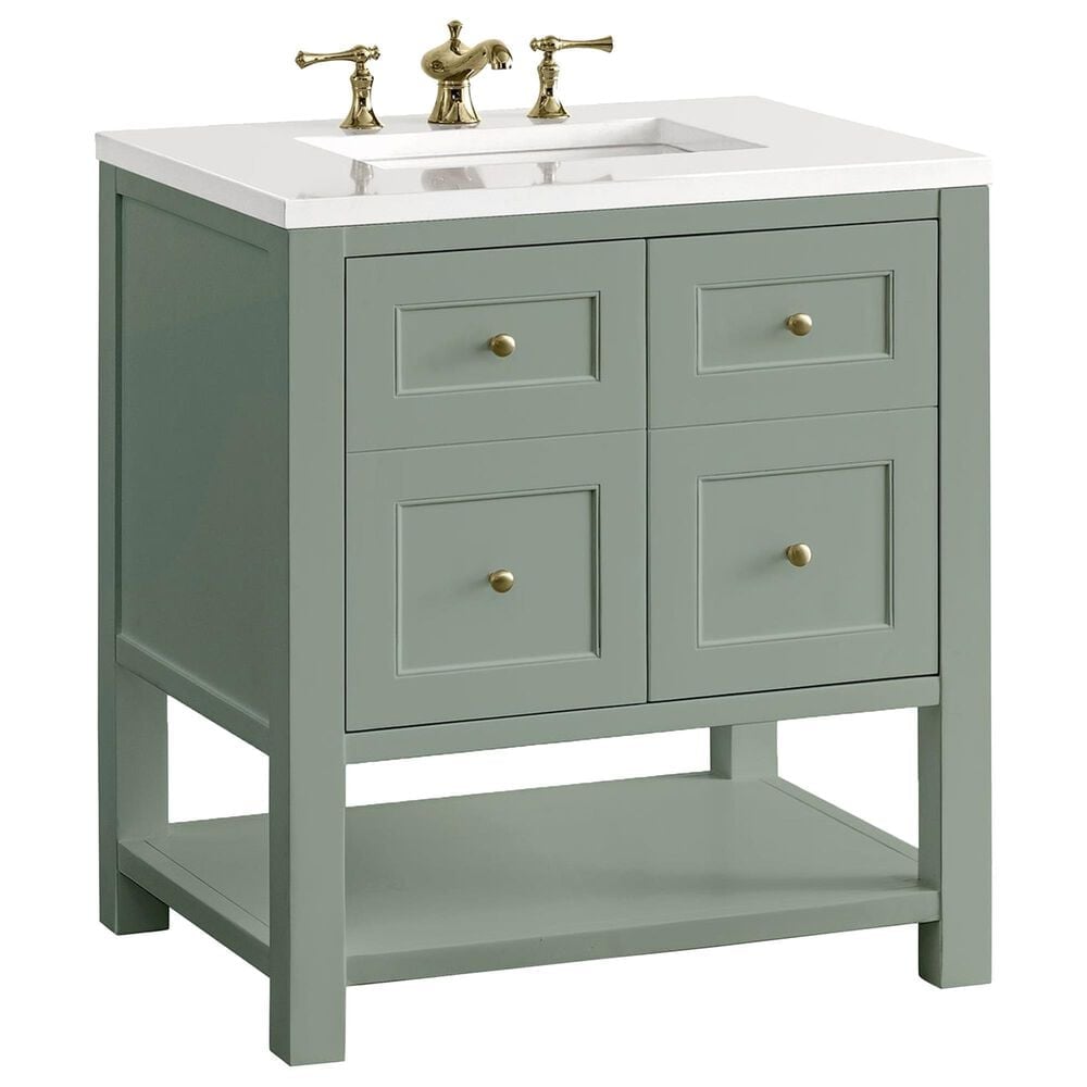 James Martin Vanities Breckenridge 30&quot; Single Bathroom Vanity in Smokey Celadon with 3 cm White Zeus Quartz Top and Rectangular Sink, , large