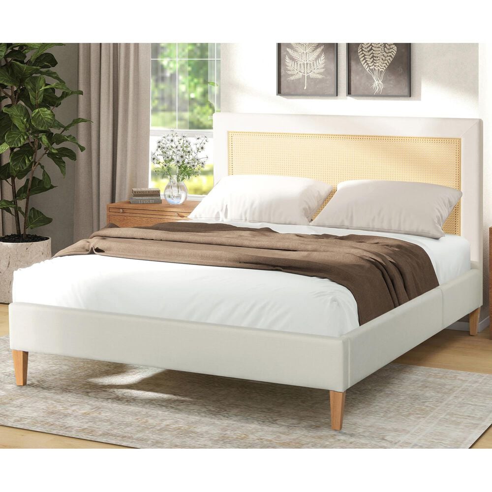 Jennifer Taylor Home Haley Queen Platform Bed with Snow White Upholstered in Natural, , large