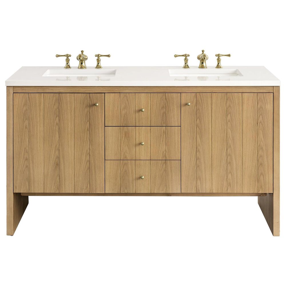 James Martin Vanities Hudson 60" Double Bathroom Vanity in Light Natural Oak with 3 cm White Zeus Quartz Top and Rectangular Sinks, , large