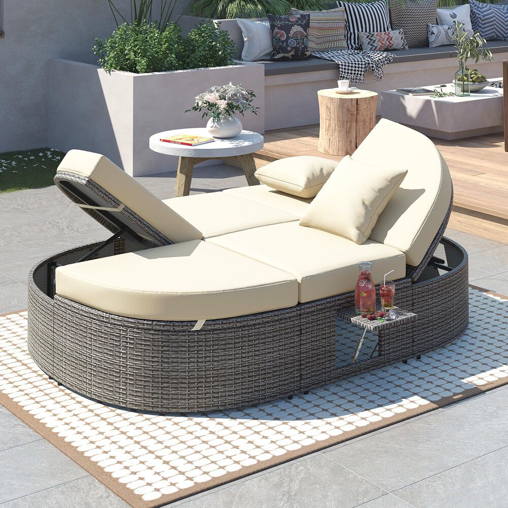 HOMLUX 2-Person Outdoor Daybed with Adjustable Backrests and Foldable Cup Trays in Beige, , large