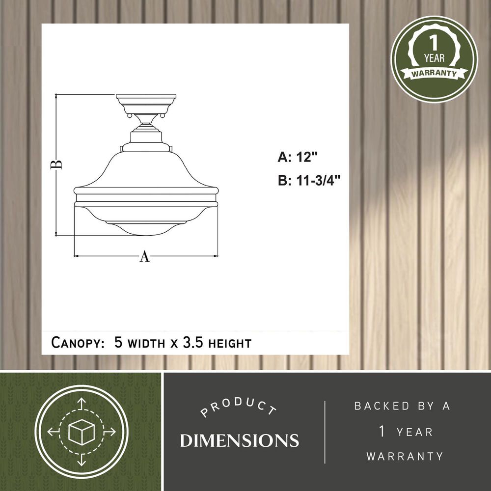 Vaxcel Huntley 12" 1-Light Semi Flush Mount with White Glass Shade in Natural Brass, , large