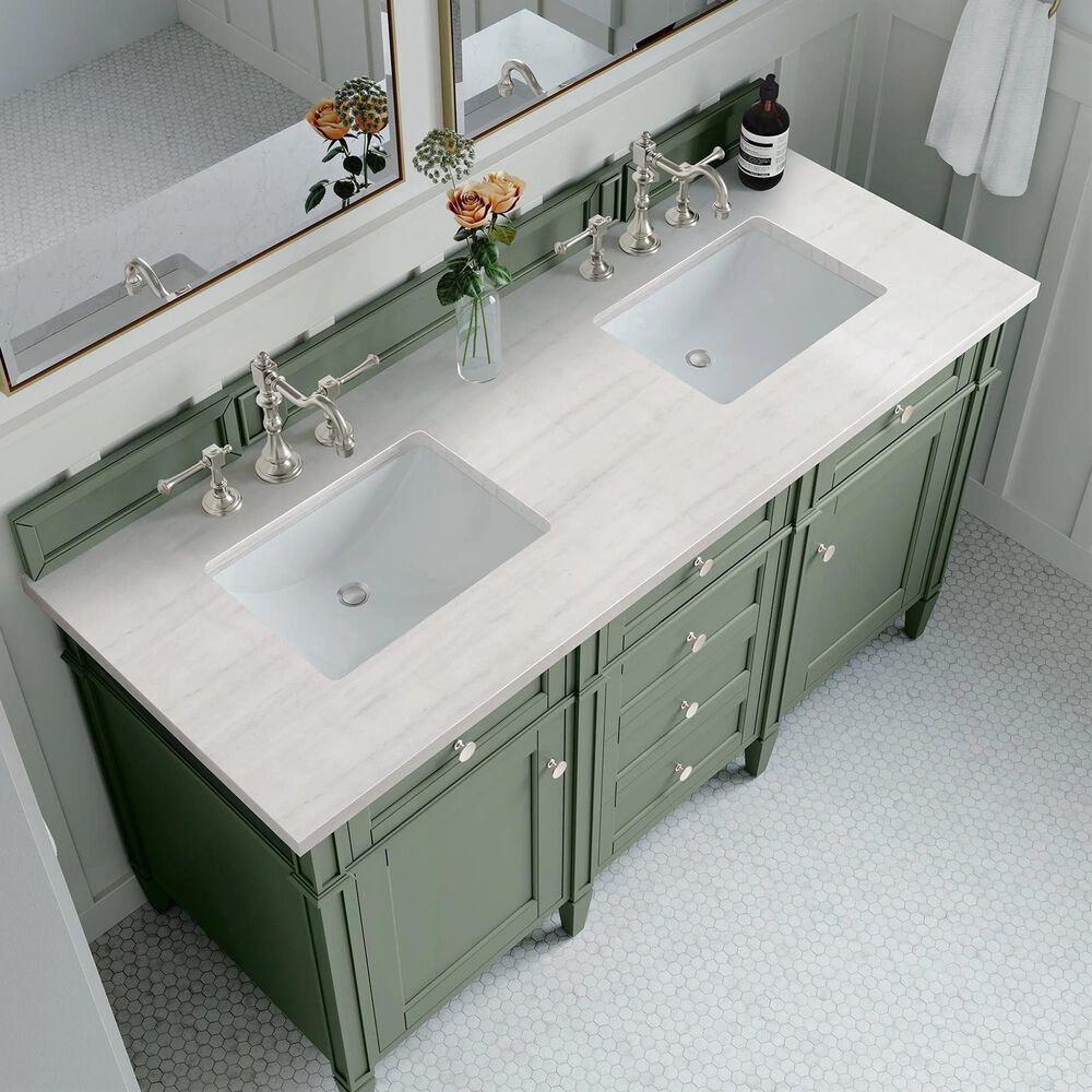 James Martin Vanities Brittany 60&quot; Double Bathroom Vanity in Smokey Celadon with 3 cm Arctic Fall Solid Surface Top and Rectangular Sinks, , large