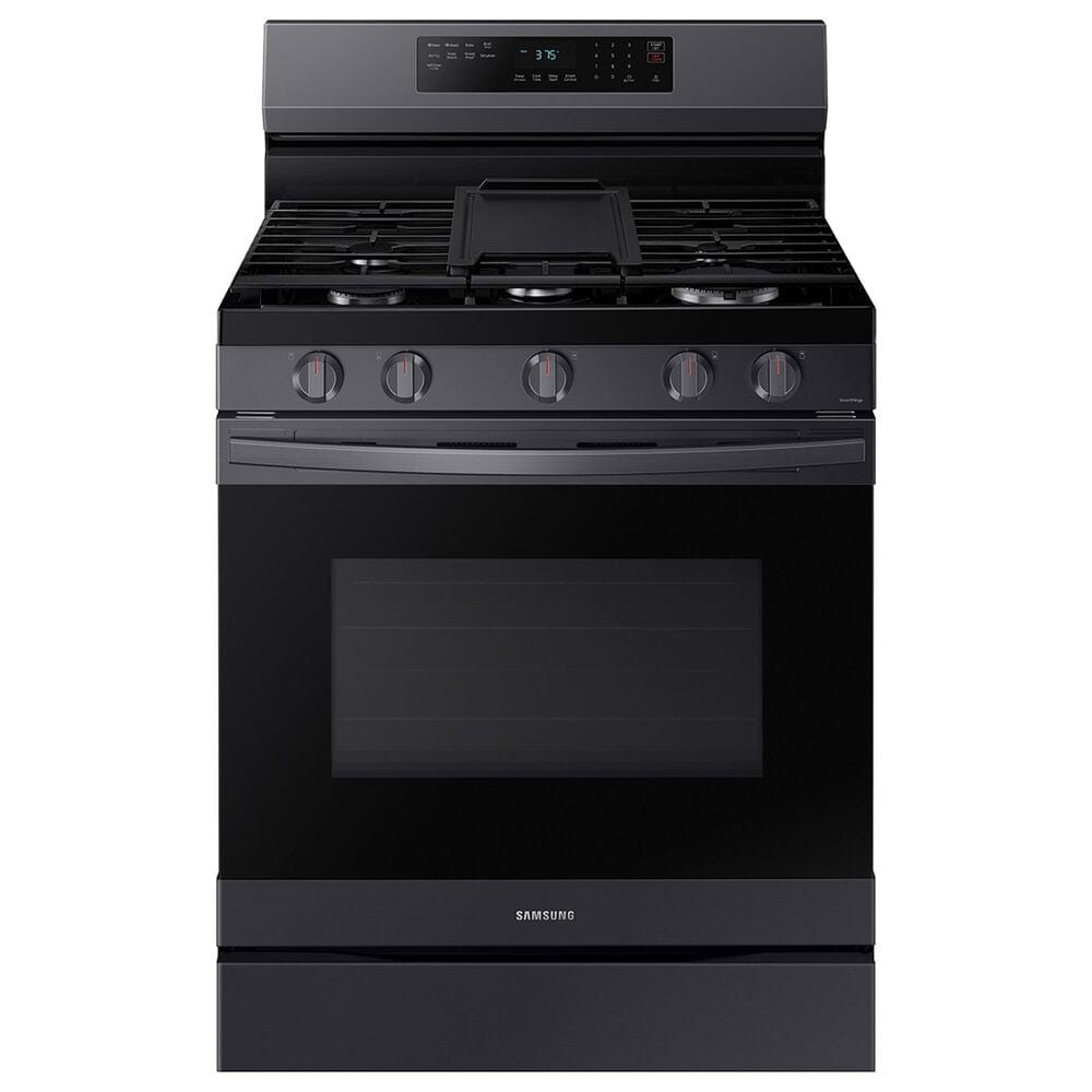 SAMSUNG 2-Piece Kitchen Package with Black Stainless Steel 30&quot; Freestanding Gas Range and Matte Black Stainless 2.1 Cu. Ft. Over-the-Range Microwave, , large