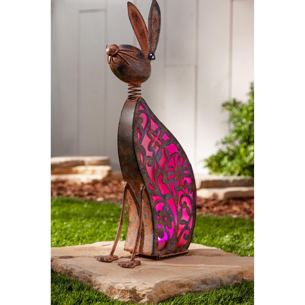 The Gerson Company 23.03&quot; Solar Pink Lighted Garden Rabbit with in Bronze, , large