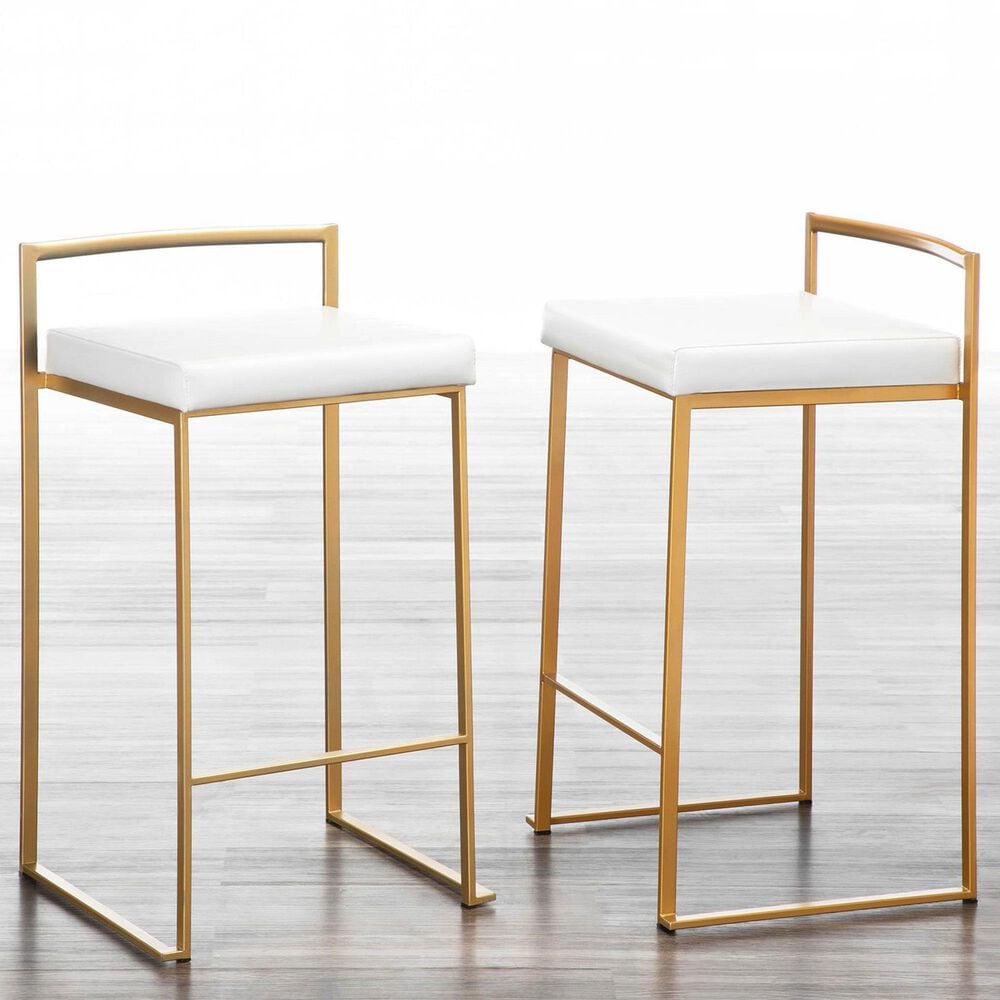 Lumisource Fuji High Back Counter Stool with White Faux Leather Cushion in Gold &#40;Set of 2&#41;, , large