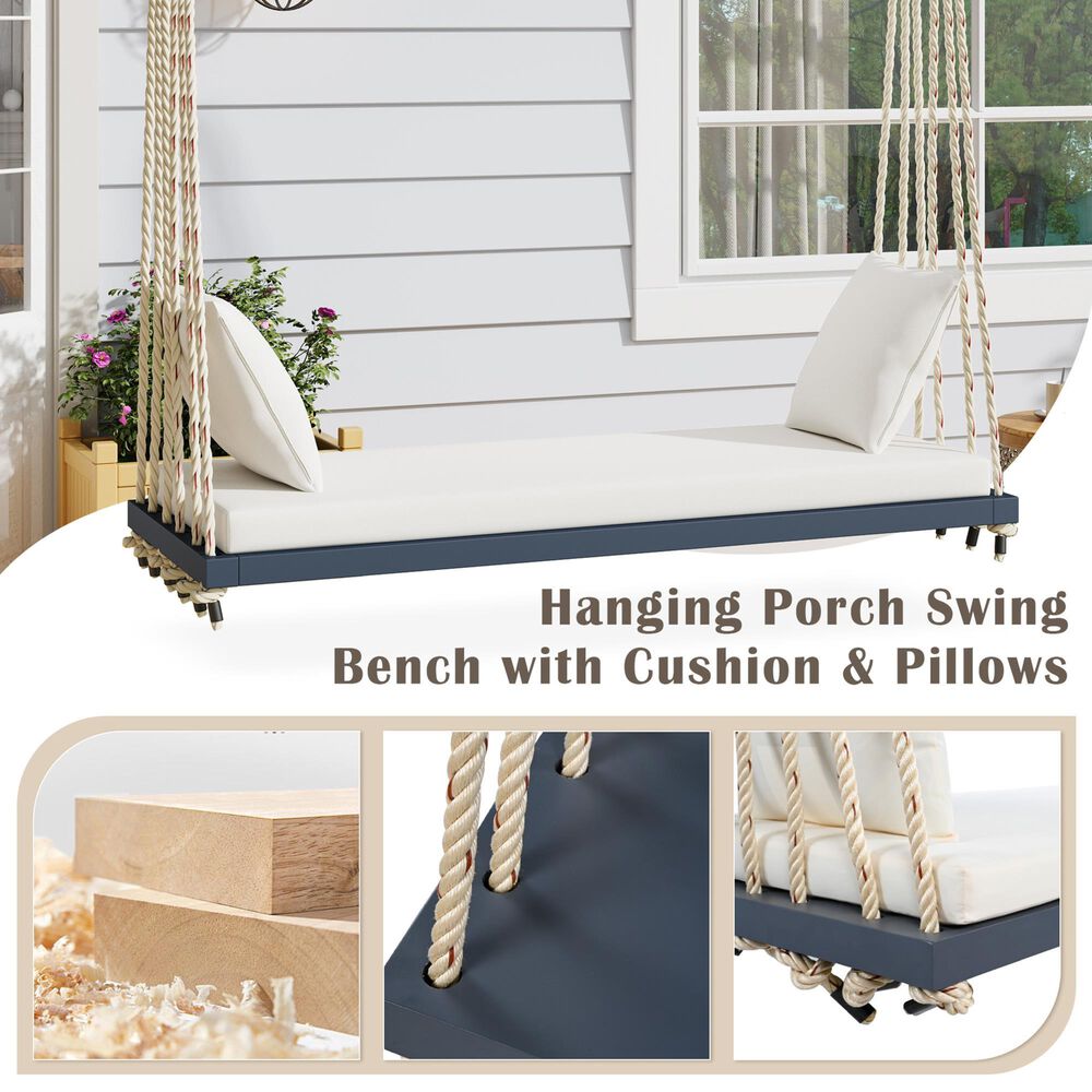 Hearth and Haven Topmax Outdoor Hanging Porch Swing Bench with Beige Cushion in Gray, , large