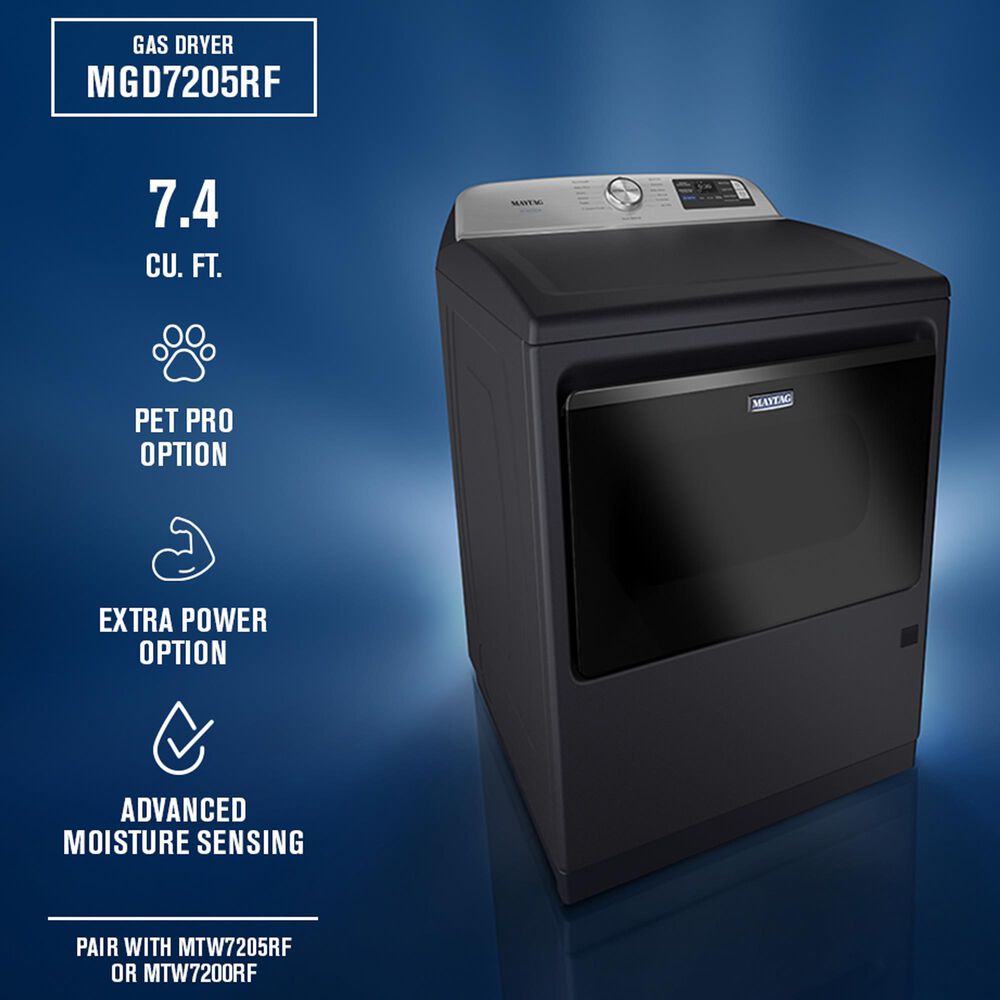 Maytag 5.2 Cu. Ft. Smart Pet Pro Top Load Agitator Washer and 7.4 Cu. Ft. Smart Gas Top Load Dryer Laundry Pair in Midnight Steel, , large