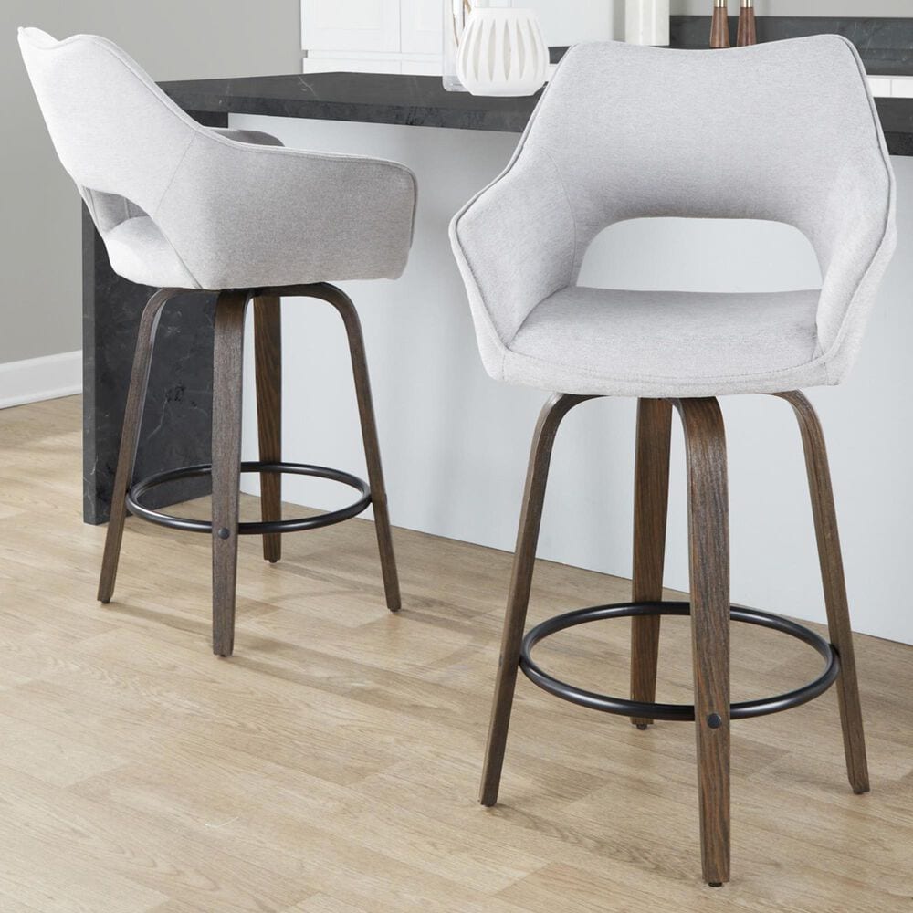LumiSource Mustang 26" Swivel Counter Stool with Grey Fabric Upholstery in Glazed Walnut and Black (Set of 2), , large