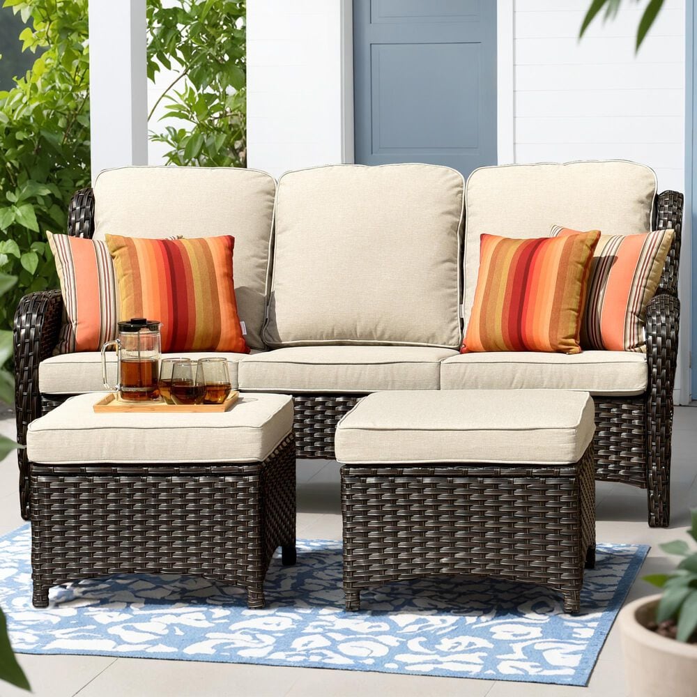 HOMLUX 3-Piece 72" Patio Sofa and Ottoman Set with Brown Wicker in Beige, , large