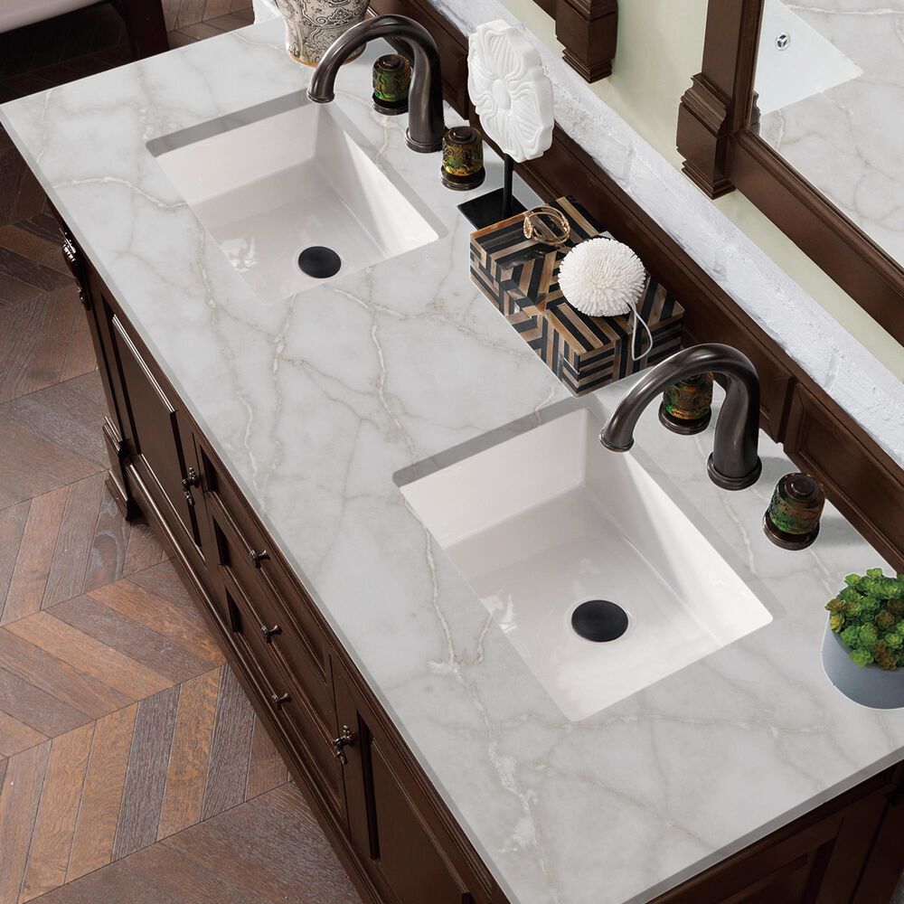 James Martin Vanities Brookfield 60&quot; Double Bathroom Vanity in Burnished Mahogany with 3 cm Lime Delight Quartz Top and Rectangular Sinks, , large