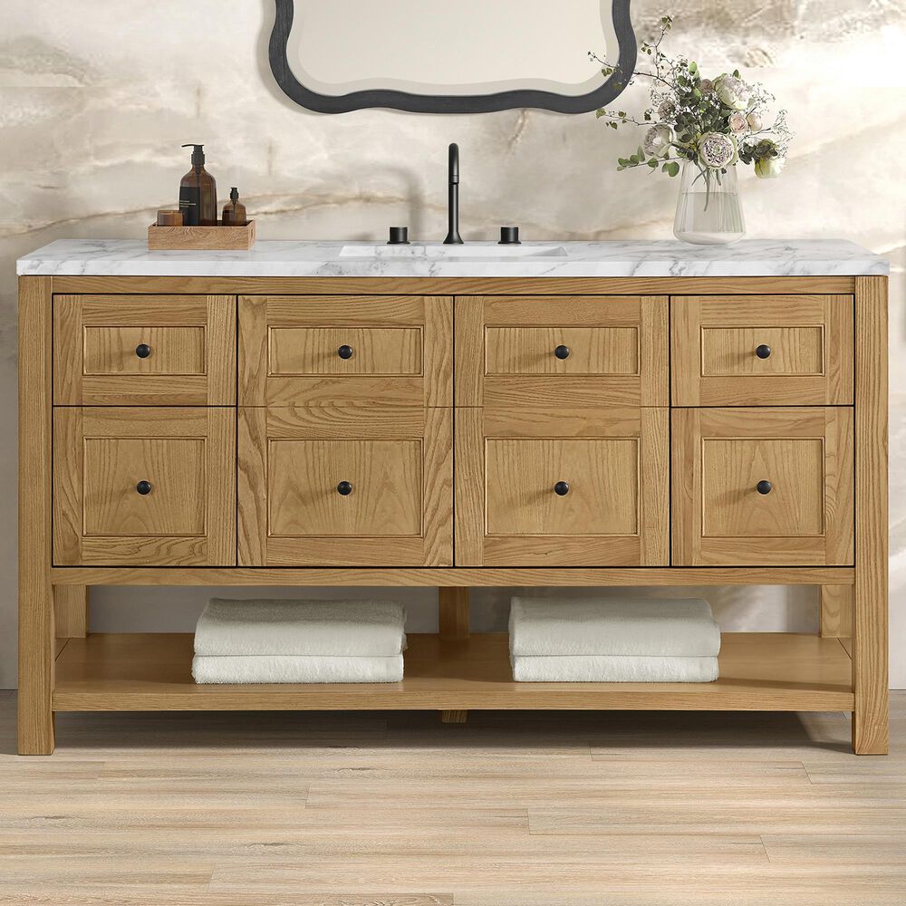 James Martin Vanities Breckenridge 60&quot; Single Bathroom Vanity in Light Natural Oak with 3 cm Carrara White Marble Top and Rectangular Sink, , large