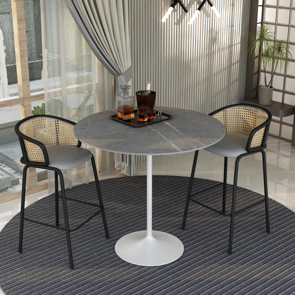 Leisuremod LeisureMod Verve Collection Modern Bar Height Table White Base with 48 Round Marble Grey Sintered Stone Top, , large