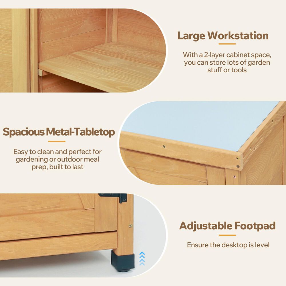 Hearth and Haven Outdoor Wooden Storage Cabinet with Metal Top and Adjustable Protective Footpad in Light Brown, , large