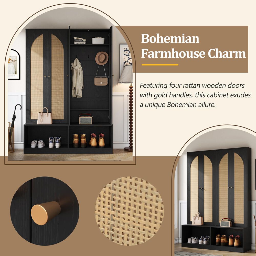 HOMLUX 6-Hook Hall Tree with 2-Rattan Doors in Black, , large