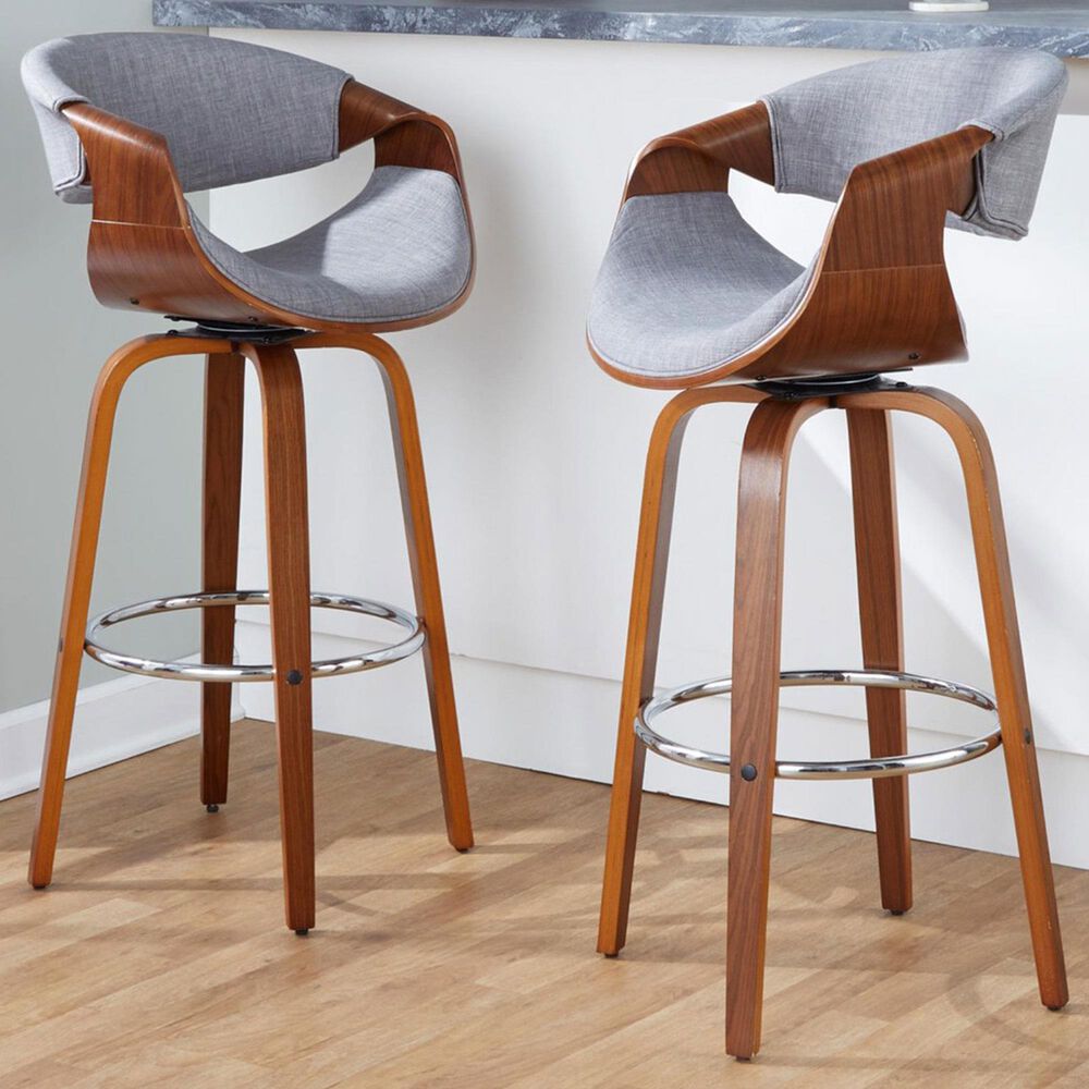 LumiSource Curvini 30" Swivel Barstool with Grey Upholstery in Walnut and Chrome (Set of 2), , large