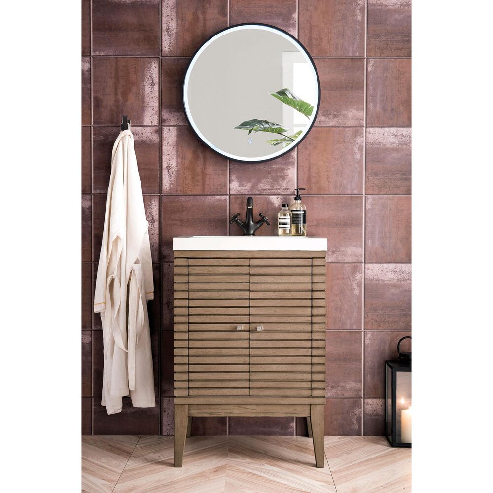James Martin Vanities Linden 24&quot; Single Bathroom Vanity in Whitewashed Walnut with 5 cm White Glossy Resin Top and Rectangular Sink, , large