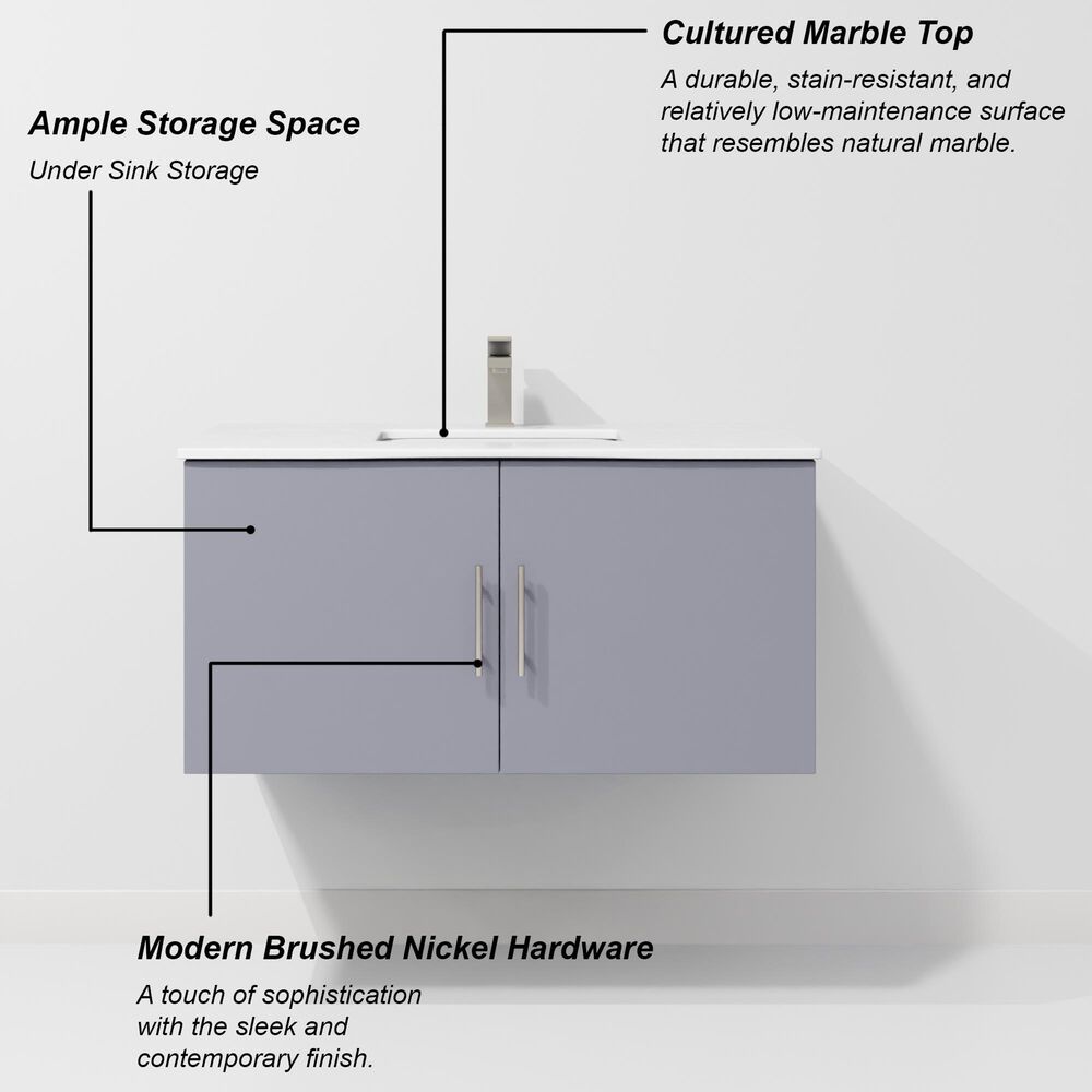 Lexora Home Geneva 36" Single Bathroom Vanity in Dark Grey with 2 cm White Cultured Marble Top and Rectangular Sink, , large