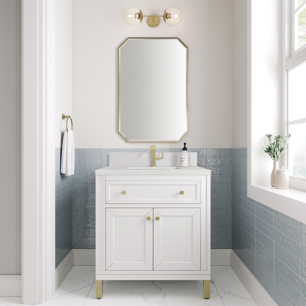 James Martin Vanities Chicago 30&quot; Single Bathroom Vanity in Glossy White with Single Hole 3 cm White Zeus Quartz Top and Rectangular Sink, , large