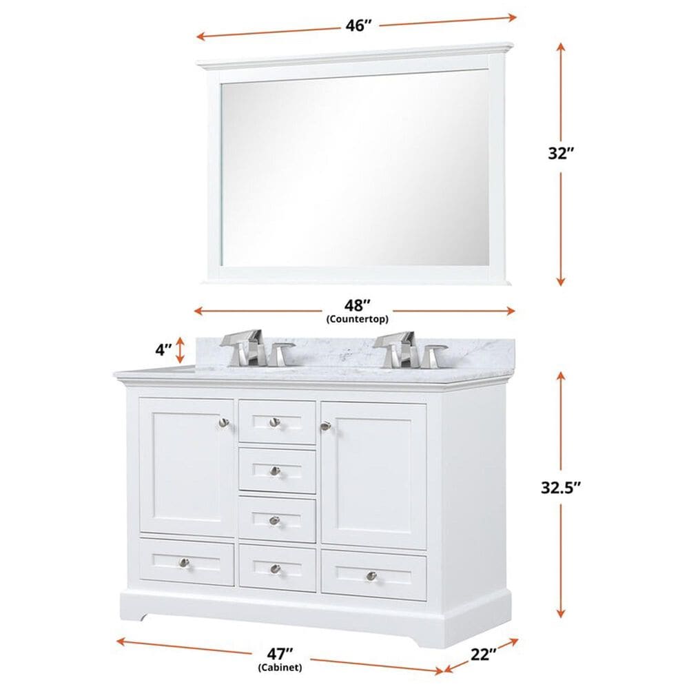 Lexora Home Dukes 48&quot; Double Bathroom Vanity in White with 2 cm White Carrara Marble Top and Rectangular Sinks, , large