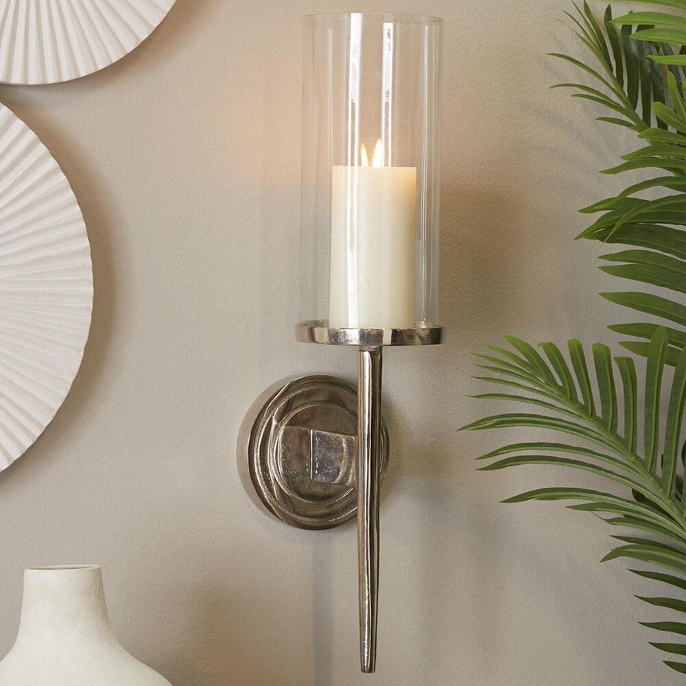 Maple and Jade 23&quot; Single Indoor/Outdoor Wall Mount Candle Holder in Polished Silver and Clear, , large