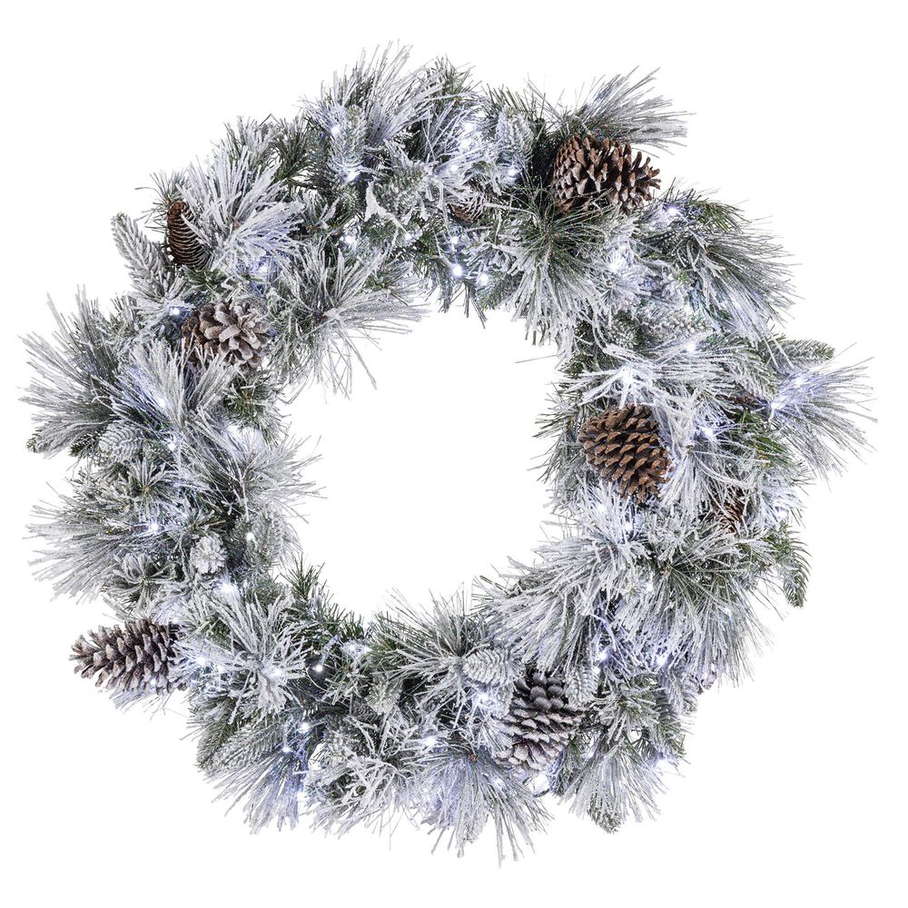 The Gerson Company 30&quot; Pre-Lit Flocked Artificial Christmas Wreath with White LED Lights in Green, , large