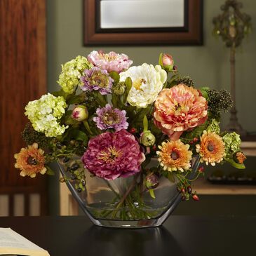 Nearly Natural Inc Peony with Glass Vase Silk Flower Arrangement, , large