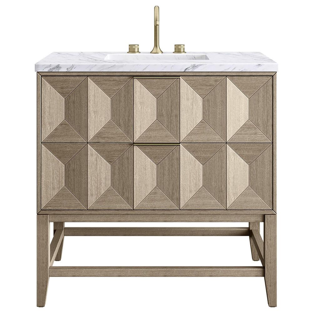 James Martin Vanities Emmeline 36&quot; Single Bathroom Vanity in Pebble Oak with 3 cm Carrara White Marble Top and Rectangular Sink, , large