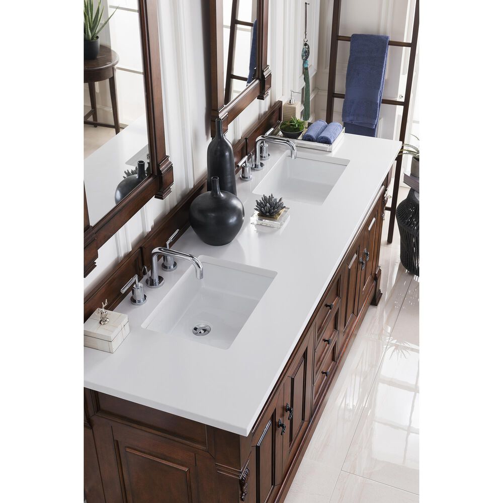 James Martin Vanities Brookfield 72&quot; Double Bathroom Vanity in Warm Cherry with 3 cm White Zeus Quartz Top and Rectangular Sinks, , large
