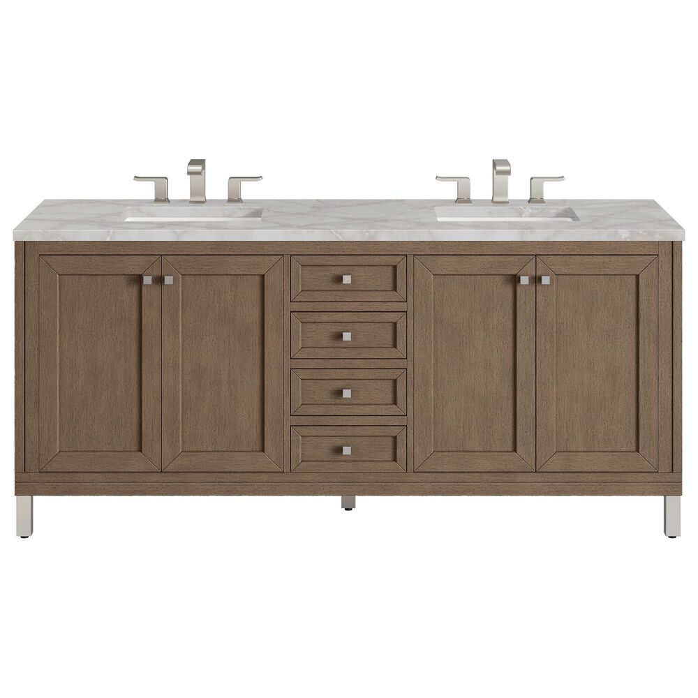 James Martin Vanities Chicago 72&quot; Double Bathroom Vanity in Whitewashed Walnut with 3 cm Victorian Silver Quartz Top and Rectangular Sinks, , large