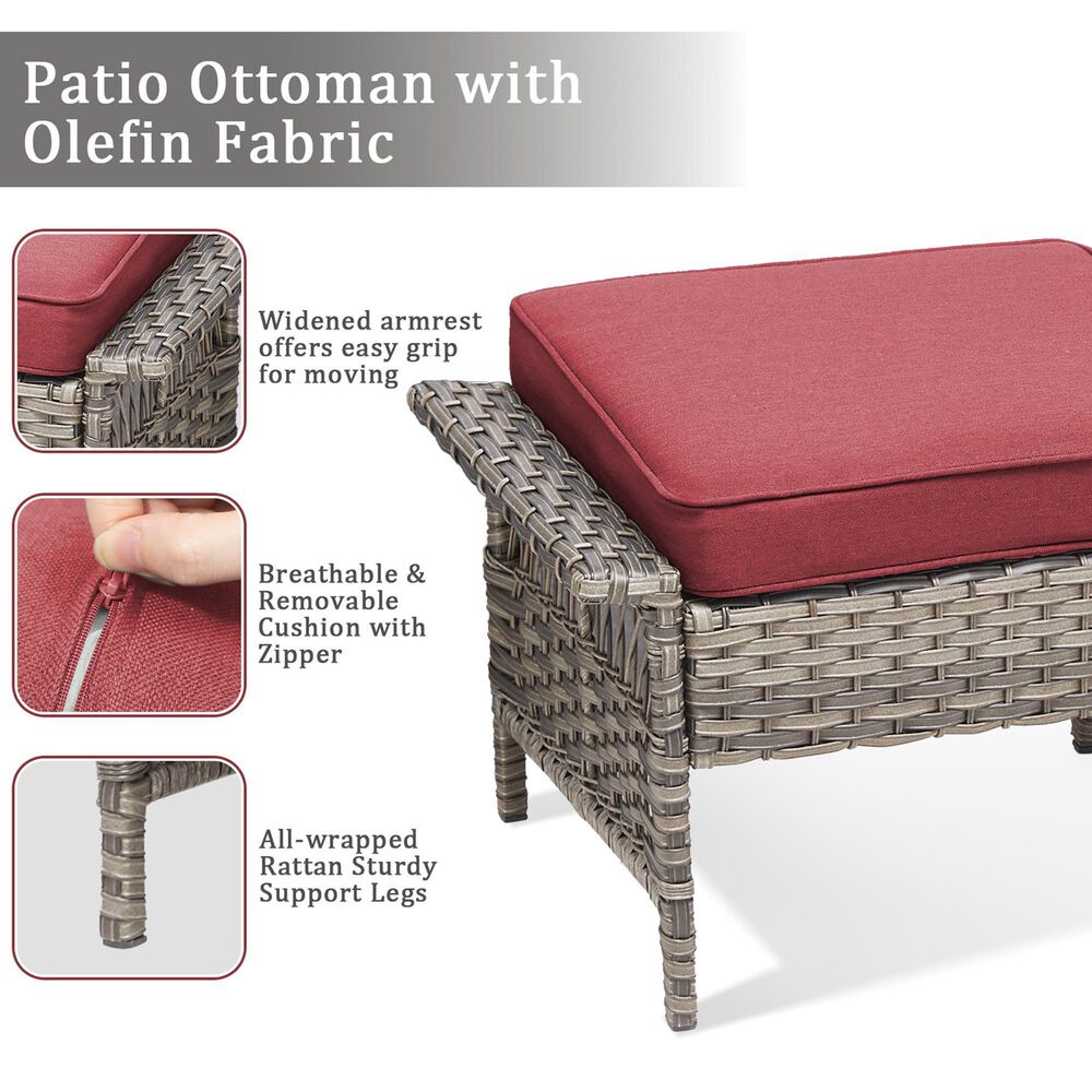Hearth and Haven Patio Wicker Ottoman with Widened Armrest in Red (Set of 2), , large