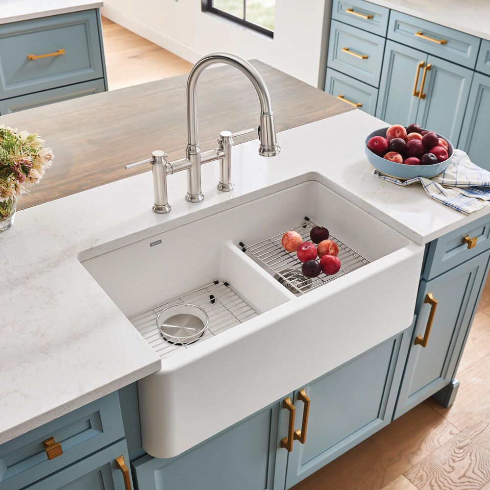 Blanco Ikon 33&quot; Apron Double Bowl Farmhouse Sink with Low Divide in White, , large