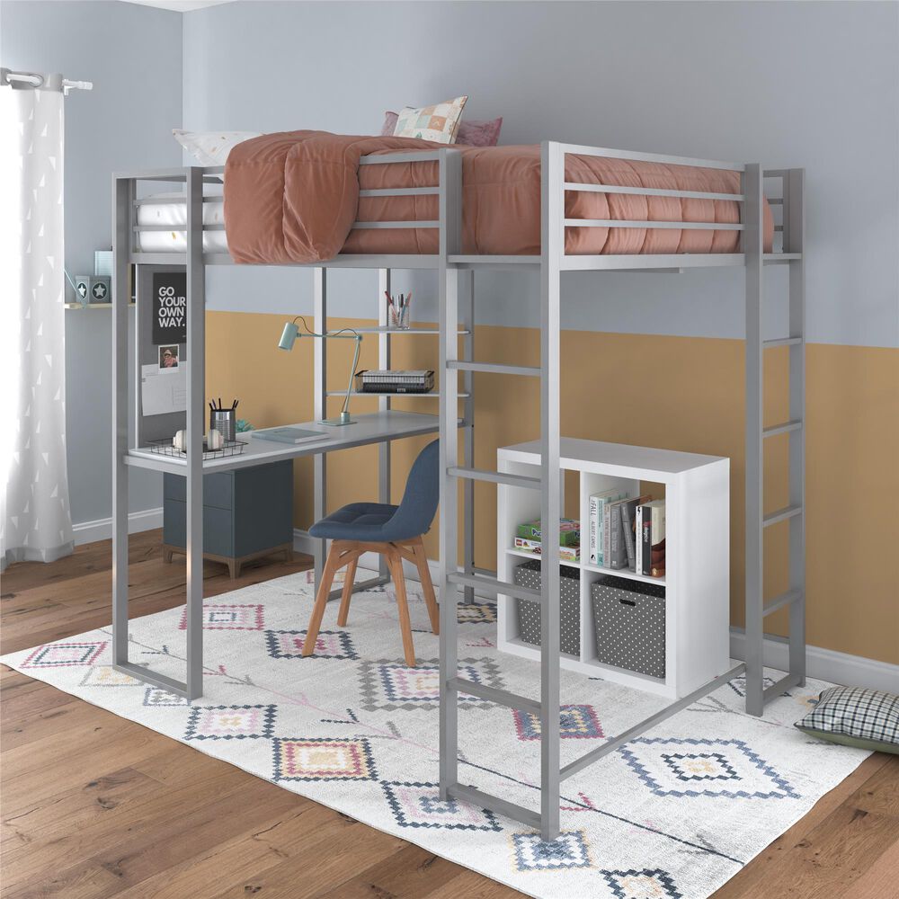 DHP Abode Full Metal Loft Bed with Desk in Silver, , large