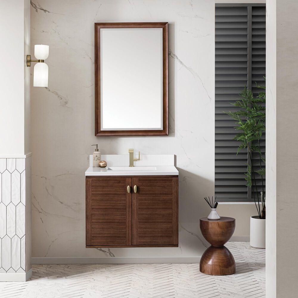James Martin Vanities Amberly 30&quot; Single Bathroom Vanity in Mid-Century Walnut with Single Hole 3 cm White Zeus Quartz Top and Rectangular Sink, , large