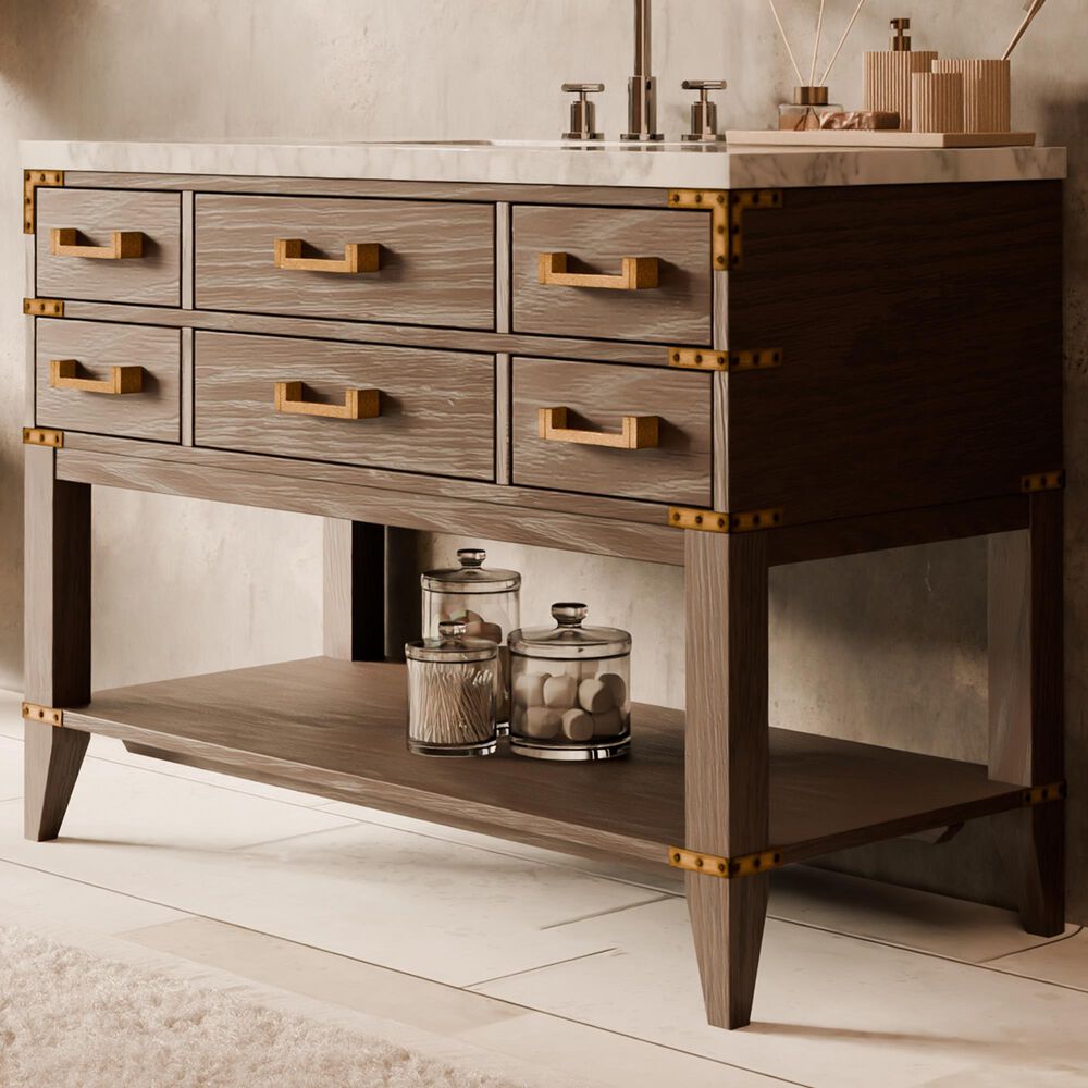 Lexora Home Norwalk 48" Single Bathroom Vanity in Brown Oak with White Carrara Marble Top  and Rectangle Sink, , large