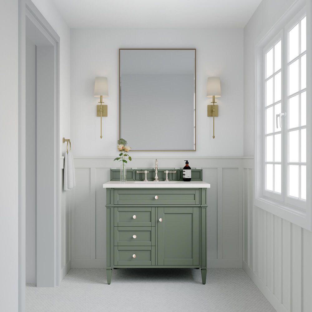 James Martin Vanities Brittany 36" Single Bathroom Vanity in Smokey Celadon with 3 cm White Zeus Quartz Top and Rectangular Sink, , large