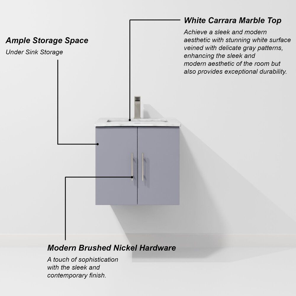 Lexora Home Geneva 24&quot; Single Bathroom Vanity in Dark Grey with 2 cm White Carrara Marble Top and Rectangular Sink, , large