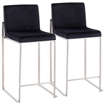 Lumisource Fuji Stackable Counter Stool with Black Velvet Cushion in Brushed Stainless Steel (Set of 2), , large