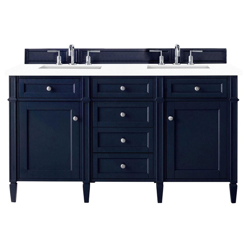 James Martin Vanities Brittany 60" Double Bathroom Vanity in Victory Blue with Single Hole 3 cm White Zeus Quartz Top and Rectangular Sinks, , large