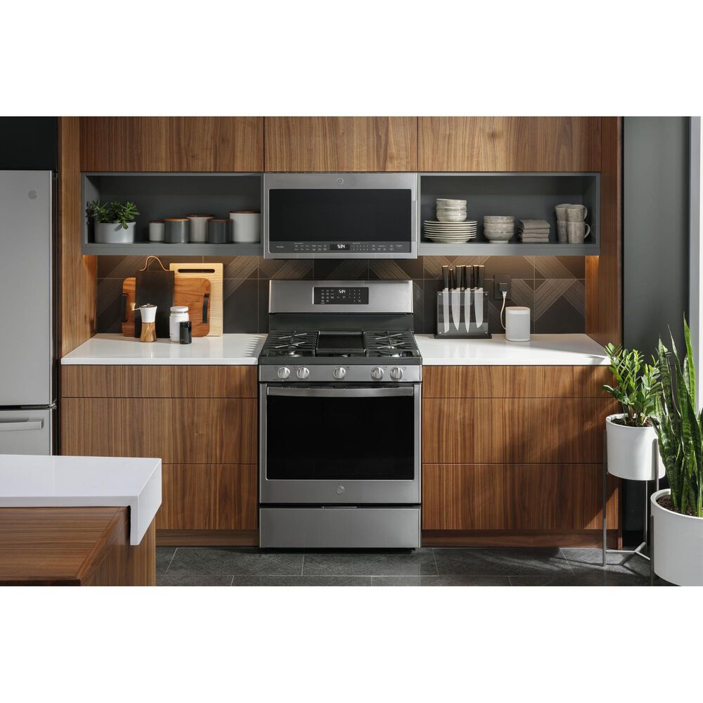 GE Profile 5.6 Cu. Ft. Smart Free-Standing Gas Range and 2.1 Cu. Ft. Over-the-Range Sensor Microwave Oven in Fingerprint Resistant Stainless Steel, , large