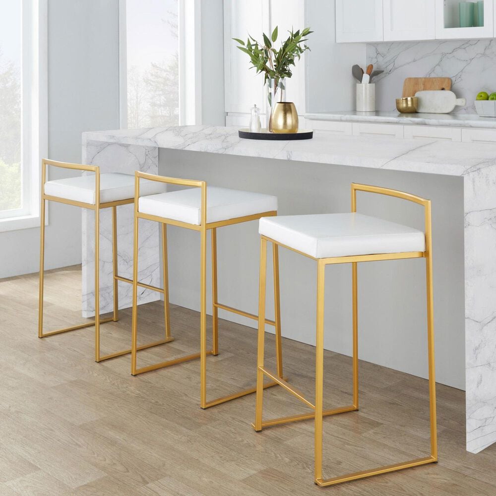 Lumisource Fuji High Back Counter Stool with White Faux Leather Cushion in Gold &#40;Set of 2&#41;, , large